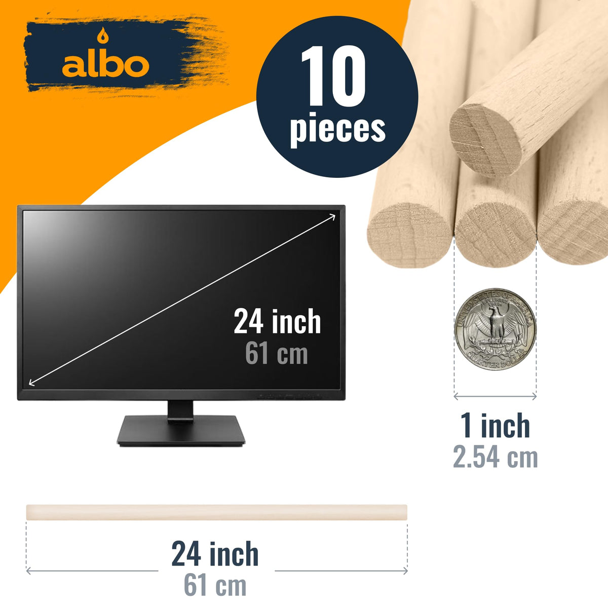 ALBO 1" x 24" Wooden Dowel Rods Set - 10 Pack Birch Natural Thin Hardwood Craft Rods Small Crafts Toys Doll Furniture Professional Smooth Bulk Material Handicrafts Miniatures DIY New