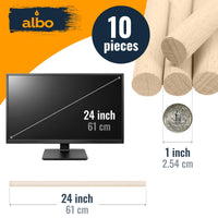 ALBO 1" x 24" Wooden Dowel Rods Set - 10 Pack Birch Natural Thin Hardwood Craft Rods Small Crafts Toys Doll Furniture Professional Smooth Bulk Material Handicrafts Miniatures DIY New