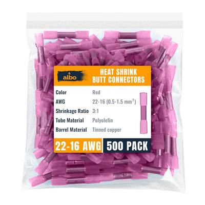 ALBO Heat Shrink Butt Connectors 22-16 AWG, Splice Connectors 0.5-1.5 mm?? Gauge, Red, Pack 500 pcs