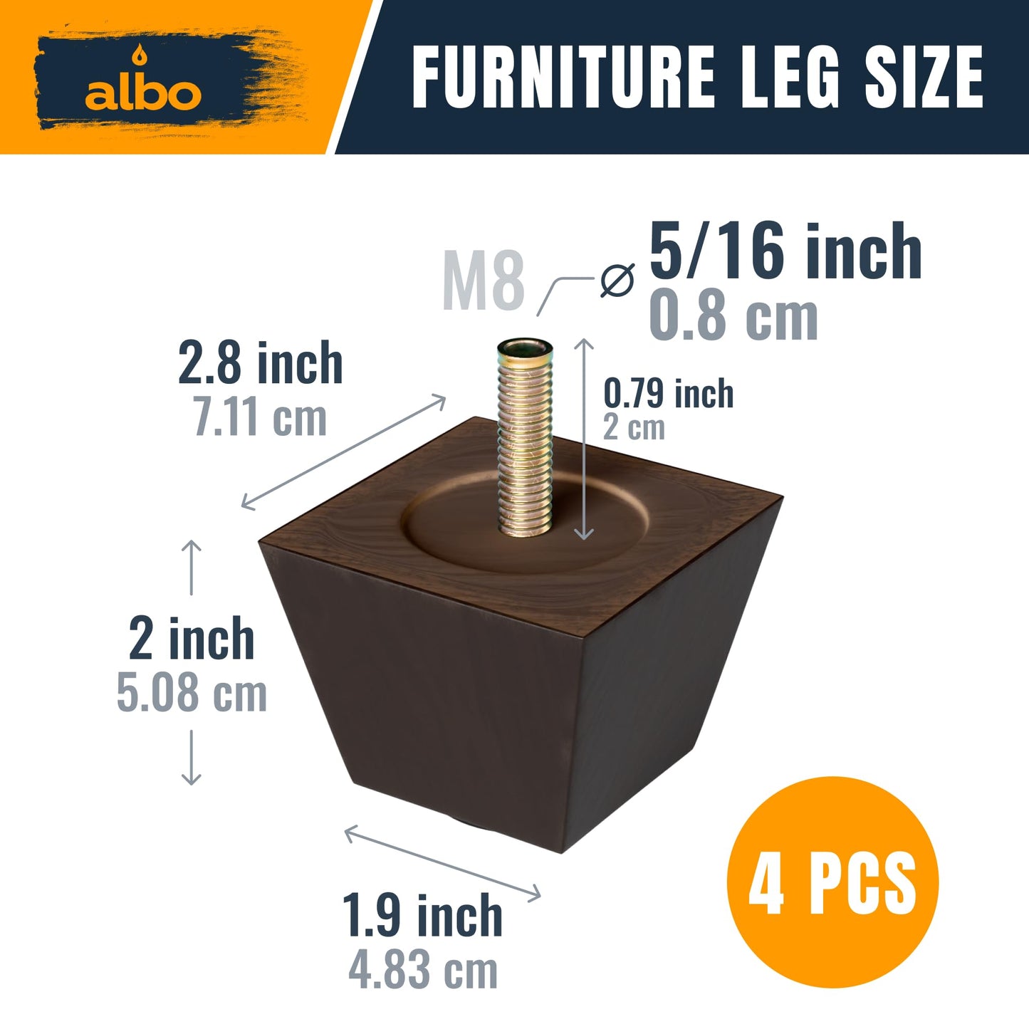Albo Wood Furniture Legs 2 inch, Heavy Duty Sofa Legs, Pack of 4 Square Brown Couch Legs, Sofa Replacement Parts, for Dresser Legs, Sideboard, Recliner Couch, Circle Chair Couch Riser Coffee Table