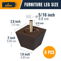 Albo Wood Furniture Legs 2 inch, Heavy Duty Sofa Legs, Pack of 4 Square Brown Couch Legs, Sofa Replacement Parts, for Dresser Legs, Sideboard, Recliner Couch, Circle Chair Couch Riser Coffee Table