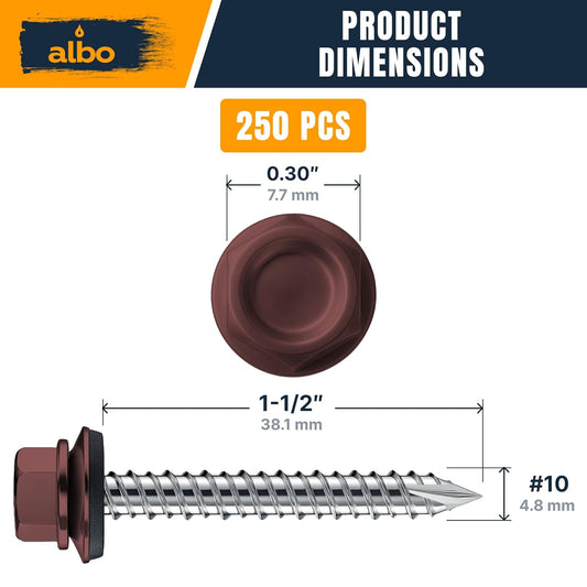 ALBO #10 x 1-1/2 inch Brown Metal Roofing Screws 250pcs