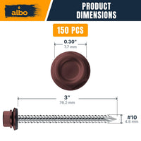 ALBO #10 x 3 Inch Silver Hex Head Metal Roofing Screws 150pcs