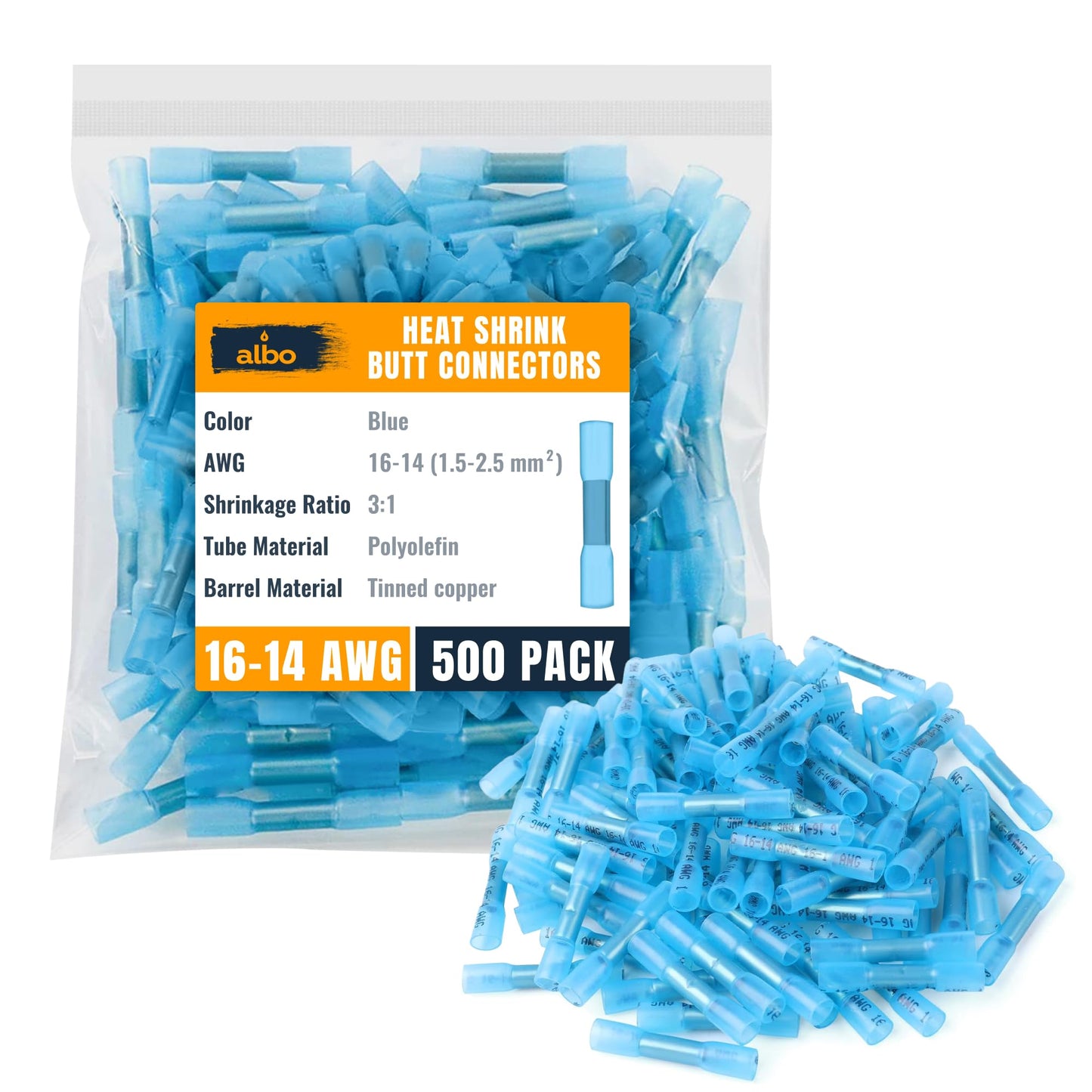 ALBO Heat Shrink Butt Connectors 16-14 AWG (500pcs) - Waterproof Solder Seal Insulated Copper Crimp Splice Terminals for Automotive, Marine Wiring | 1.5-2.5mm² Gauge Wire Connectors