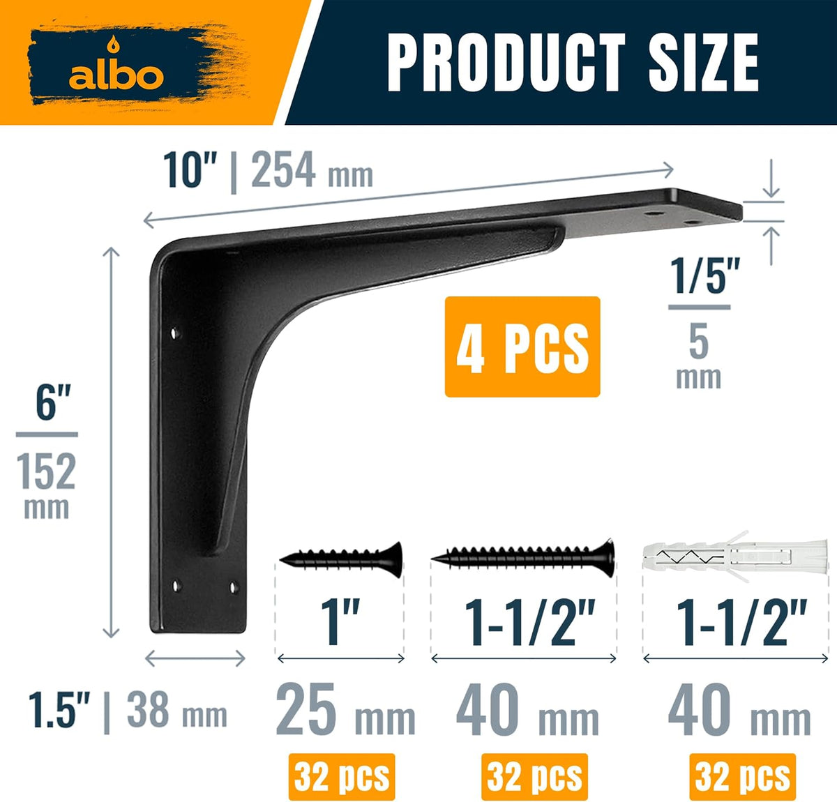 ALBO 10" Heavy Duty Countertop Support Brackets (4-Pack) - 400 lb Steel Hidden Floating Shelf Corbel, Matte Black