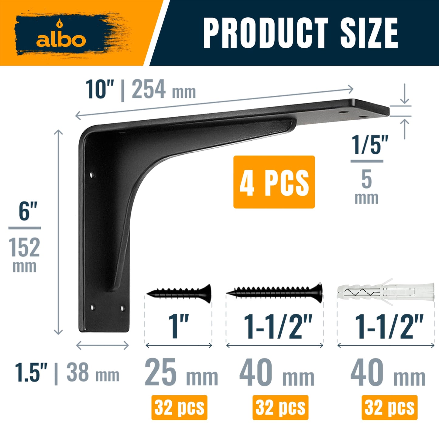 ALBO 10" Heavy Duty Countertop Support Brackets 4PCS, 400 lb 5 mm Steel – Hidden Floating Shelf Corbel | Matte Black Powder-Coated L Brackets Incl Screws & Anchors for Quartz Granite Wood Concrete