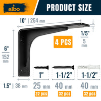 ALBO 10" Heavy Duty Countertop Support Brackets 4PCS, 400 lb 5 mm Steel – Hidden Floating Shelf Corbel | Matte Black Powder-Coated L Brackets Incl Screws & Anchors for Quartz Granite Wood Concrete