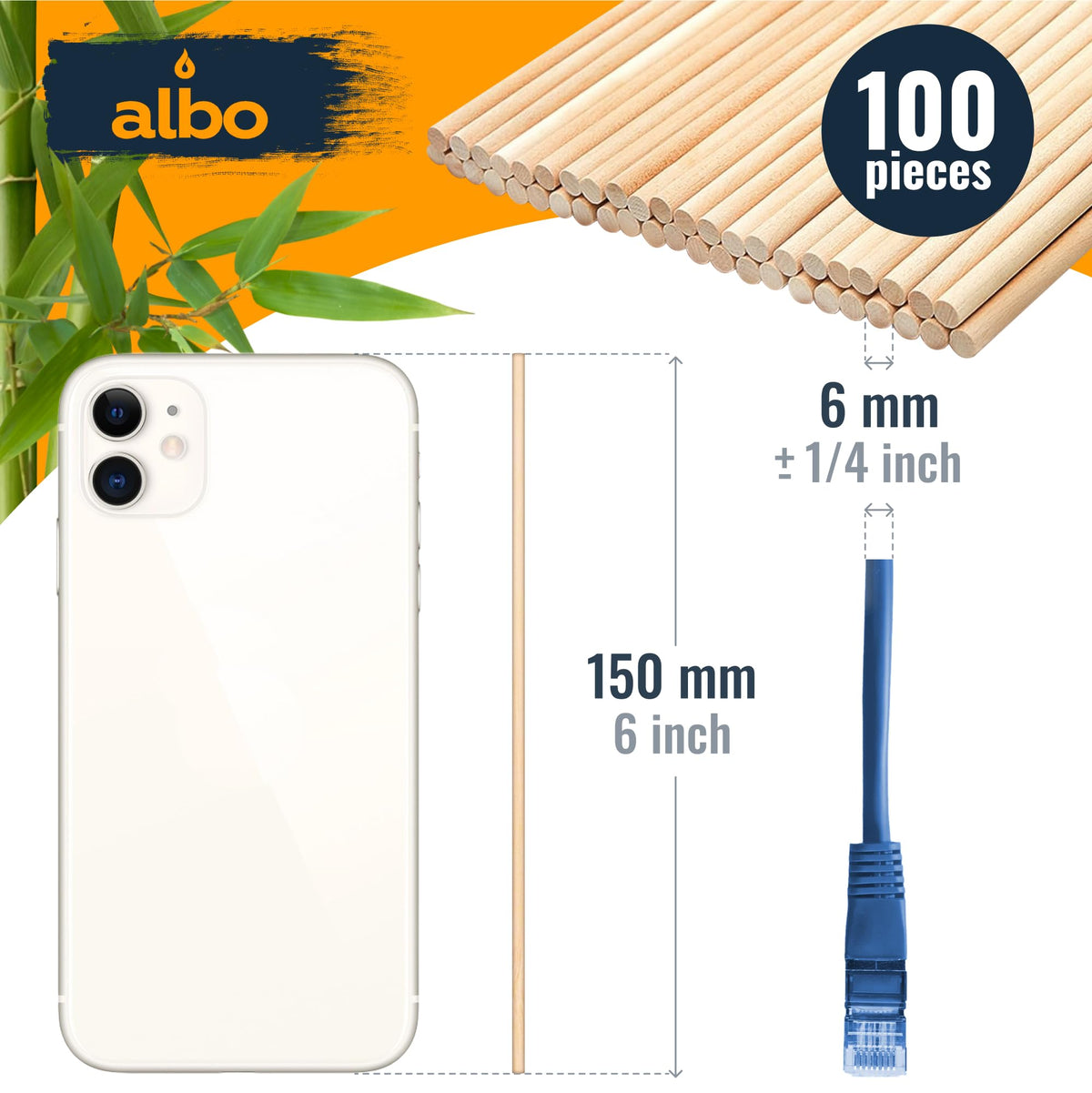 ALBO Wooden Dowel Rods 100 PCS 1/4" x 6" Inch Round Wood Sticks for Crafts, DIY Projects and Macrame Hardwood Assorted Bouquet Sticks Cake Dowels for Tiered Cakes