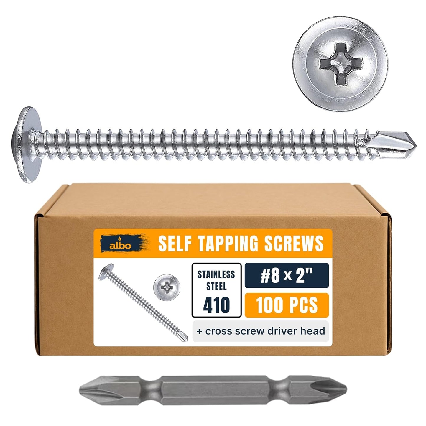 ALBO #8 x 2 inch 410 Stainless Steel Self-Tapping Screws 100pcs