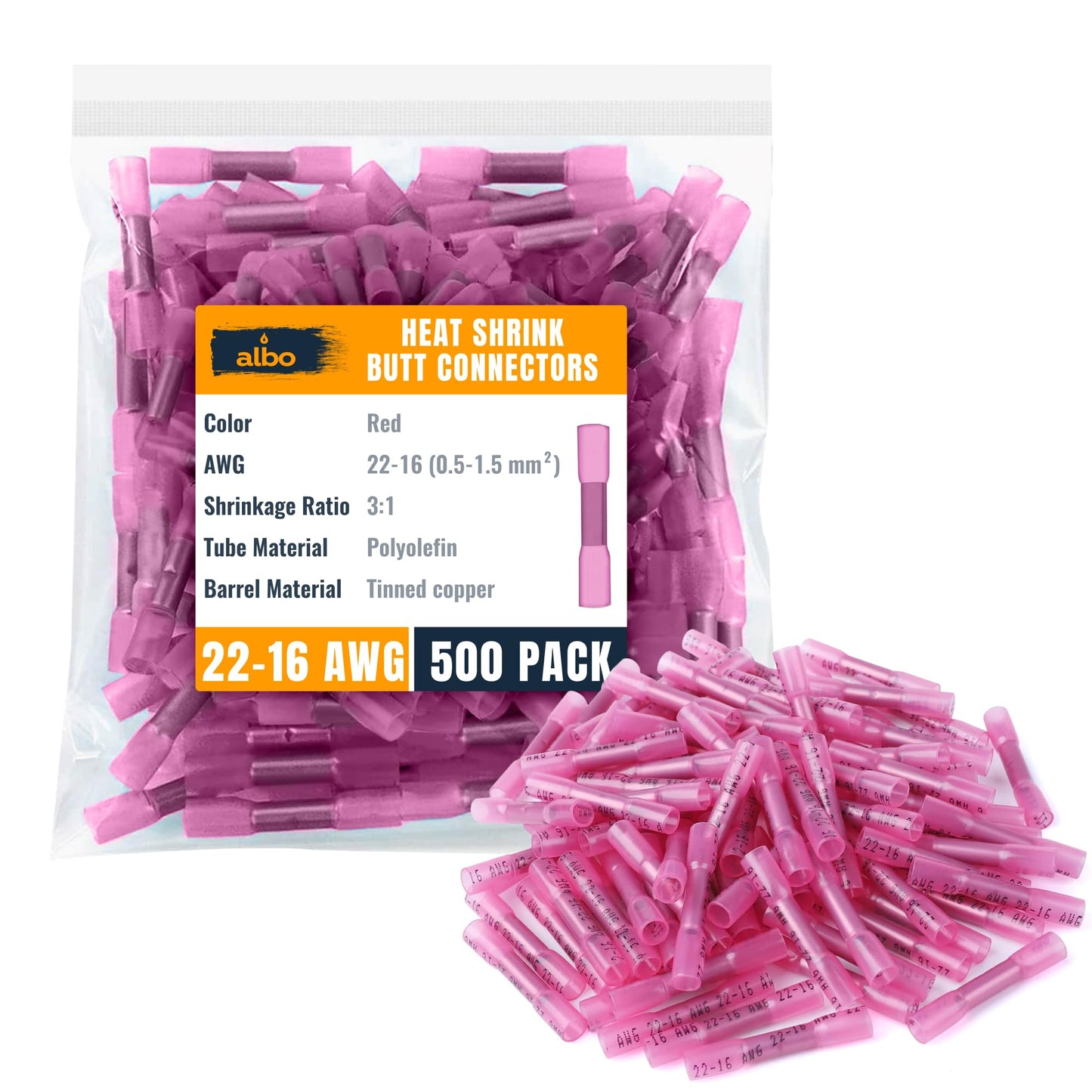 ALBO Heat Shrink Butt Connectors 22-16 AWG (500pcs) - Insulated Crimp Wire Splice Terminals Assortment Kit for Automotive, Marine Electrical Wiring Projects | Copper Connectors for 0.5-1.5mm²
