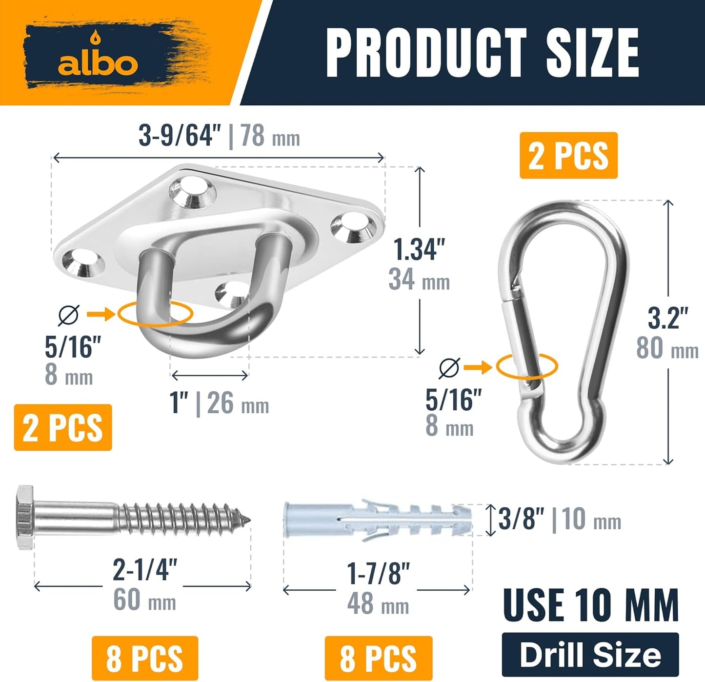Albo Diamond Plate 2650lbs Heavy Duty Stainless Steel Swing Hangers 2 PCS