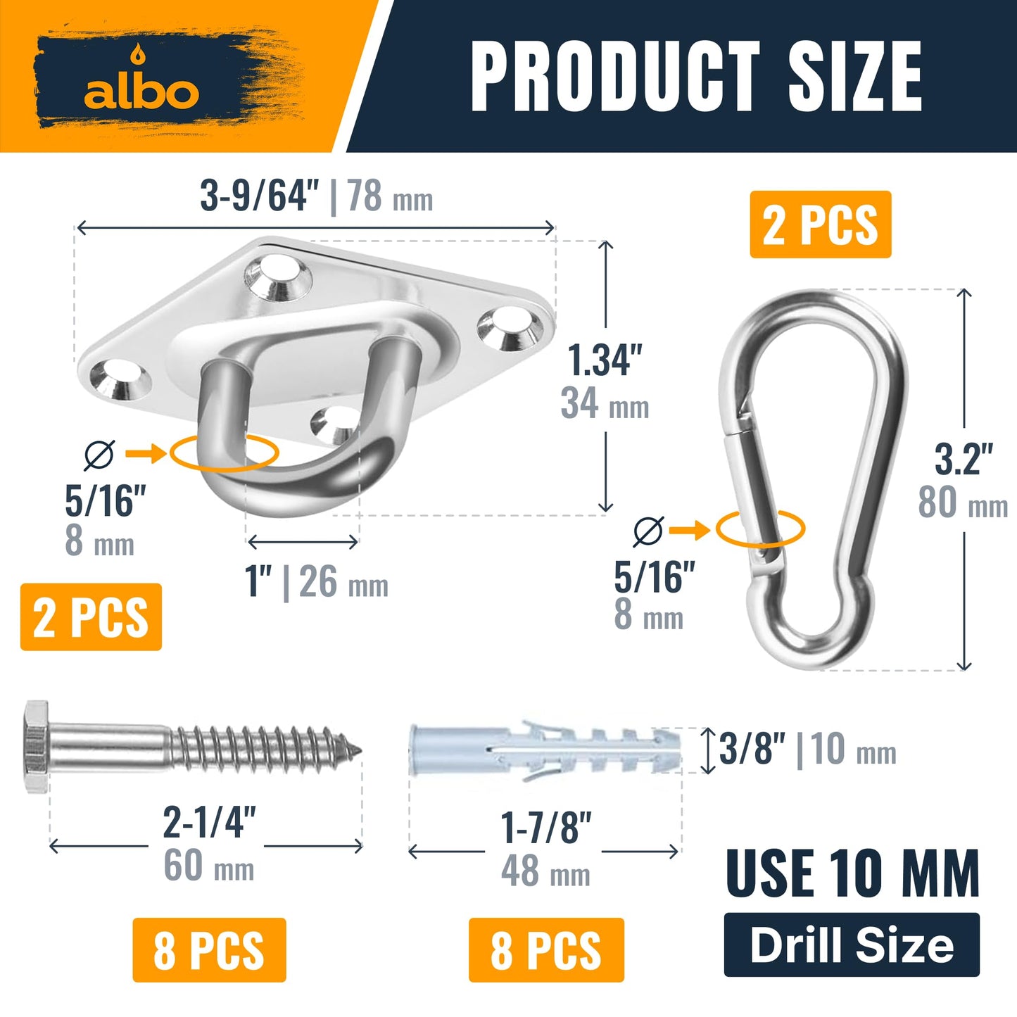 Albo Heavy Duty 304 Stainless Steel Diamond Plate Swing Hangers 2 PCS