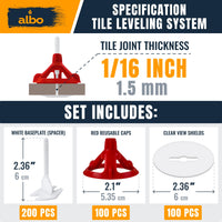 ALBO Tile Leveling System Set 1/16 inch - 200 PCS - Professional Floor & Wall Spacer Kit with Reusable Caps & Protection Plates - Anti-Lippage Installation Tools for Large and Small Tile Formats