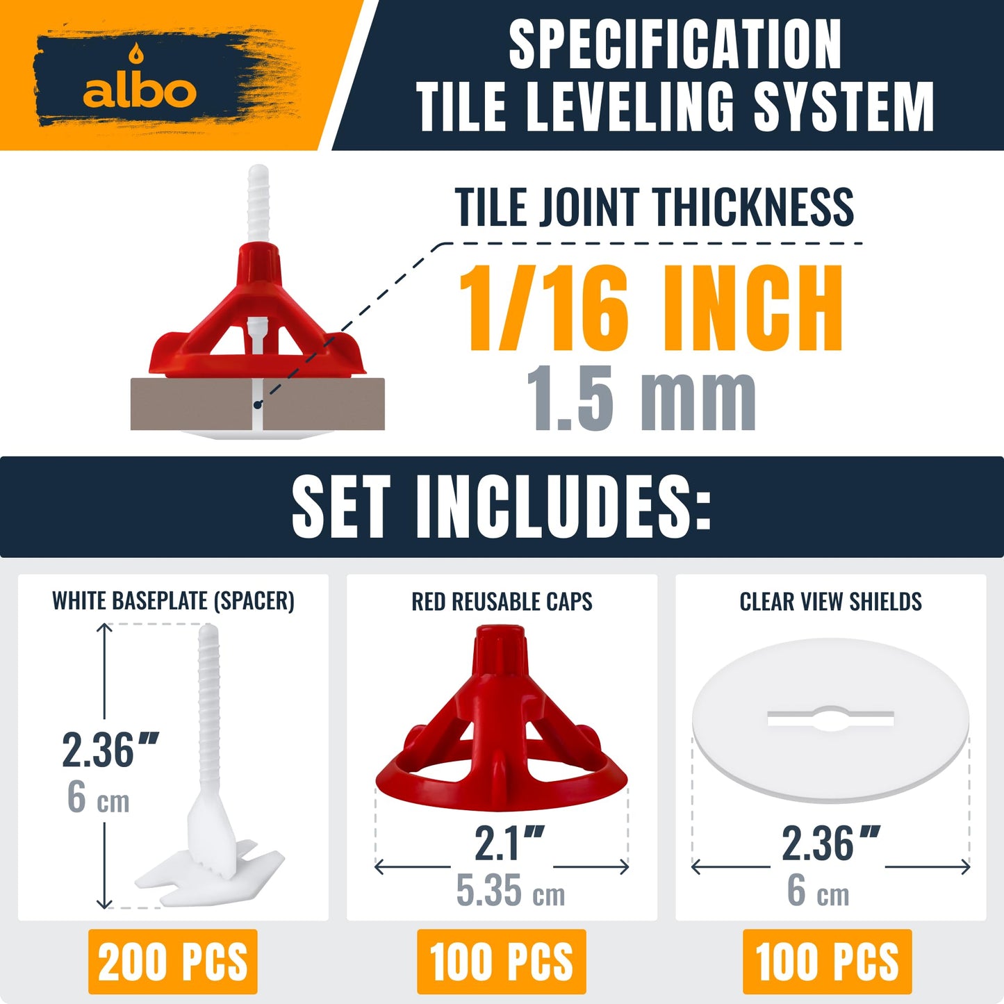 ALBO Tile Leveling System Set 1/16 inch - 200 PCS - Professional Floor & Wall Spacer Kit with Reusable Caps & Protection Plates - Anti-Lippage Installation Tools for Large and Small Tile Formats