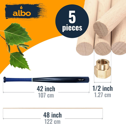 ALBO Birch Wooden Dowel Rods 1/2" x 48" 5 Pack