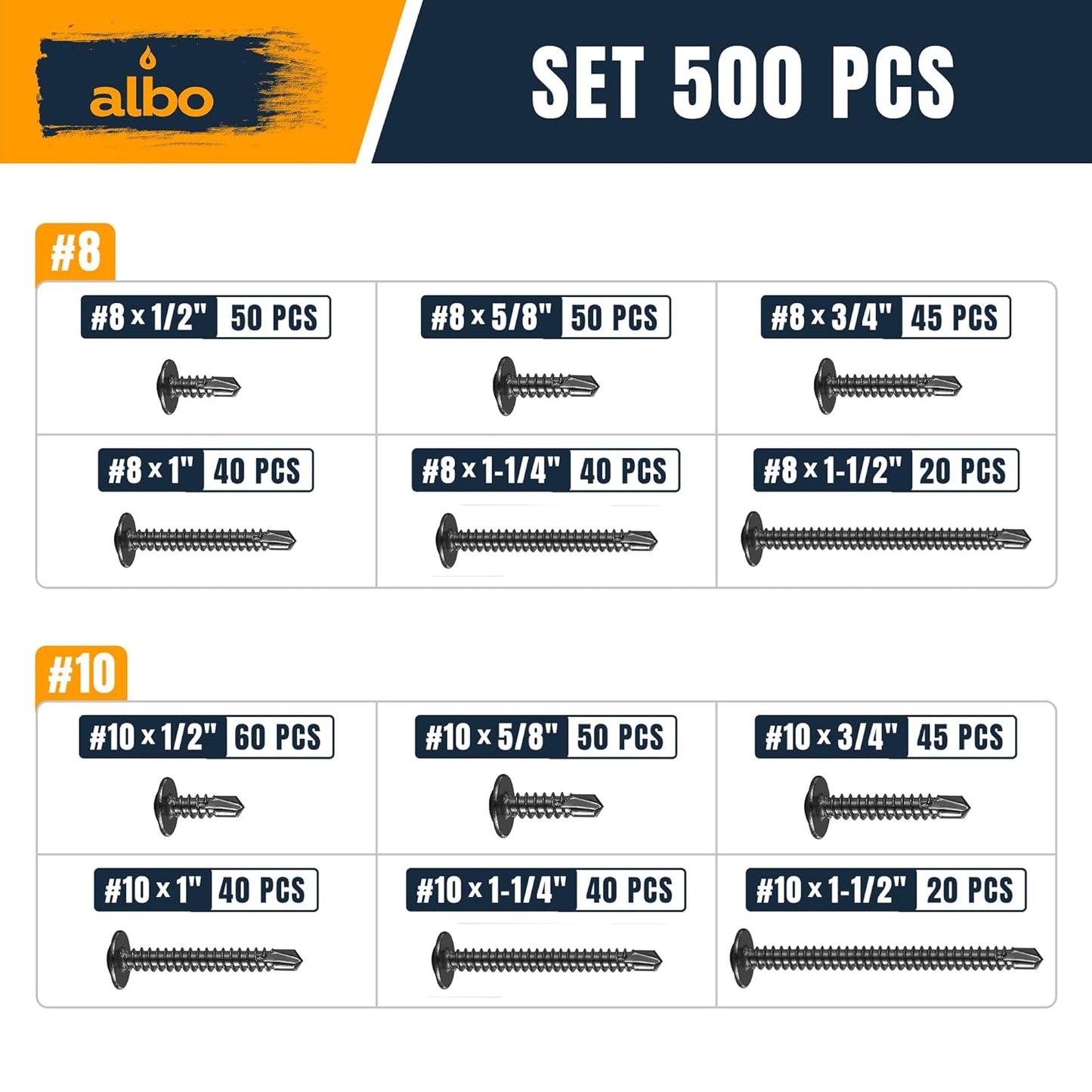 ALBO Black 410 Stainless Steel Self-Tapping Metal Screws 500pcs