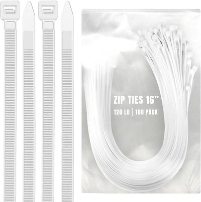 ALBO White Zip Ties 16 Inch, Nylon Wire Ties for Indoor and Outdoor, Pack 100 pcs