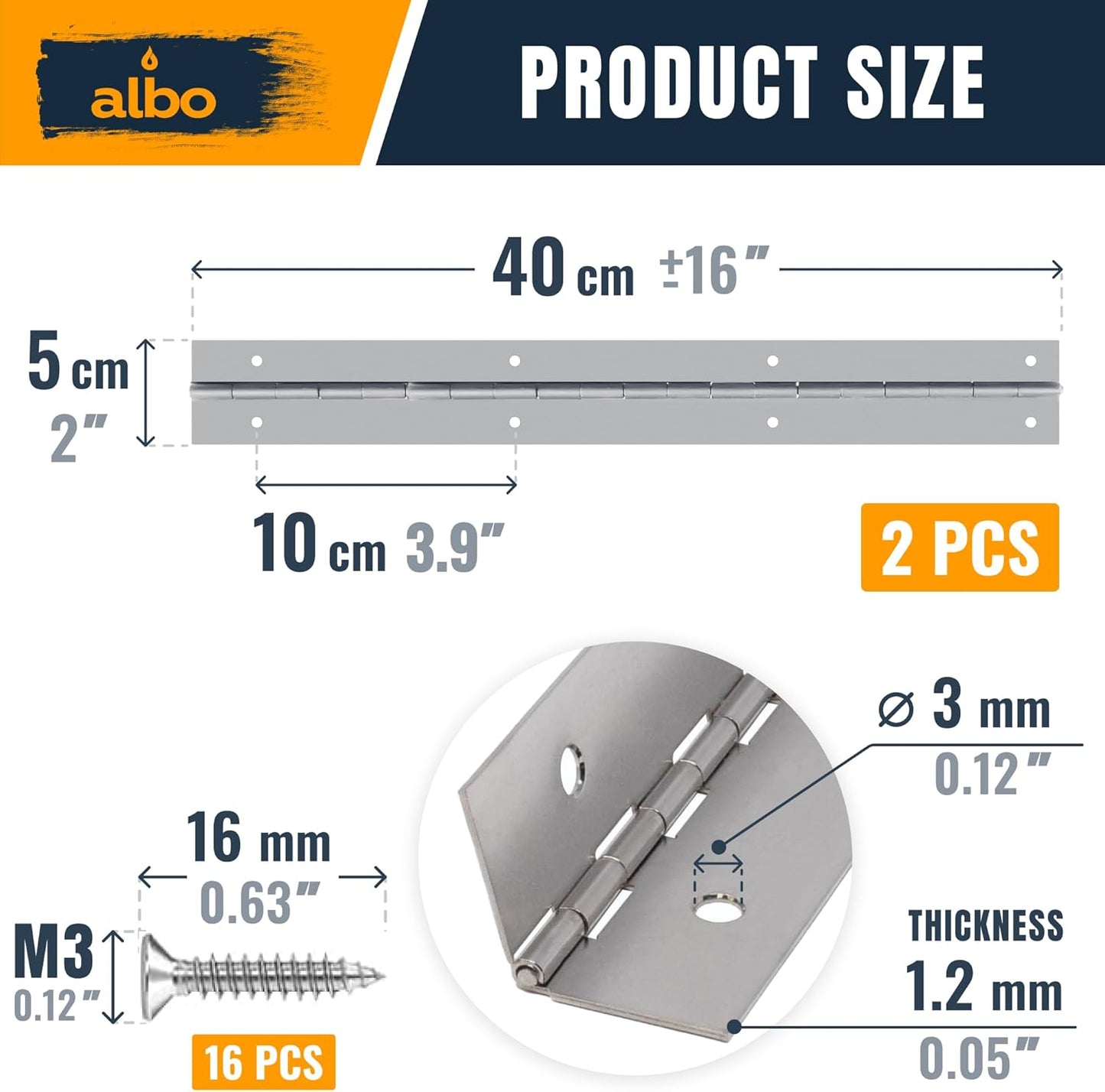 ALBO 16 Inch Silver Heavy Duty Stainless Steel Piano Hinge 2-Pack