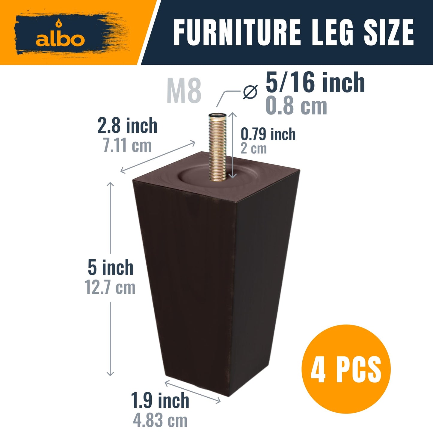 Albo Wood Furniture Legs 5 inch, Heavy Duty Sofa Legs, Pack of 4 Square Brown Couch Legs, Sofa Replacement Parts, for Dresser Legs, Sideboard, Recliner Couch, Circle Chair Couch Riser Coffee Table