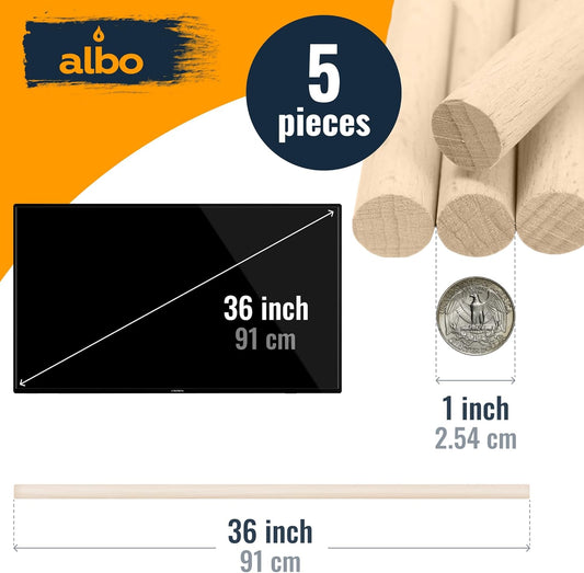 ALBO 1" x 36" Wooden Dowel Rods, Birch Natural Hardwood Rods, 5 pieces