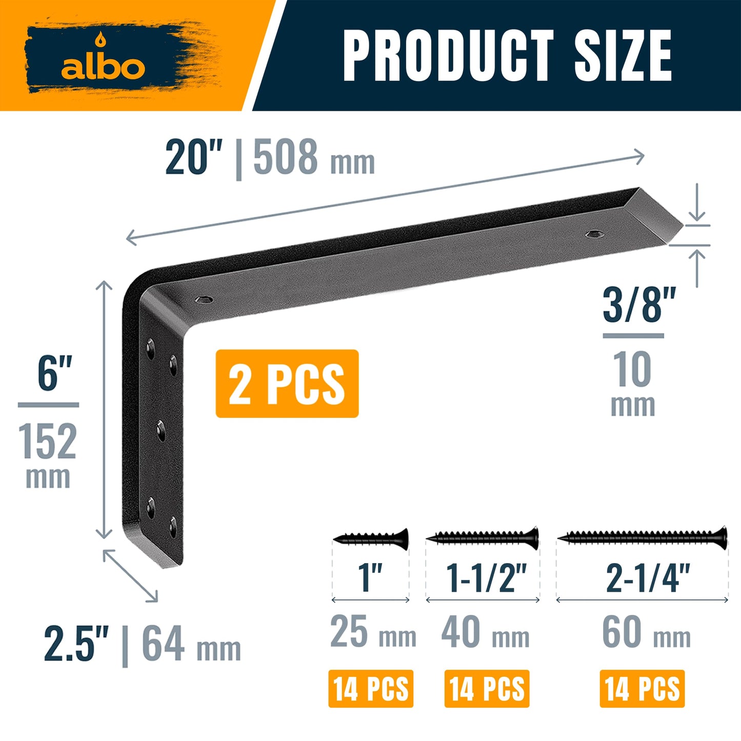 ALBO 20 inch Heavy Duty Countertop Support Brackets 2PCS