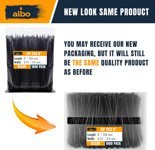 ALBO Heavy Duty Zip Ties 6 inch Black 1000 Pack 40lb