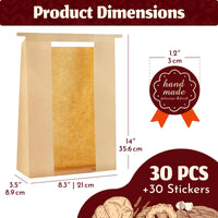 Brown Craft Paper Bread Bags with Window & Tin Ties (30 Pack + Stickers) - 14x8.3x3.5" Bakery Bags for Homemade Bread, Small Batch Baking, Home Bakery, Fresh Pastries & Bake Sale Gift Packaging