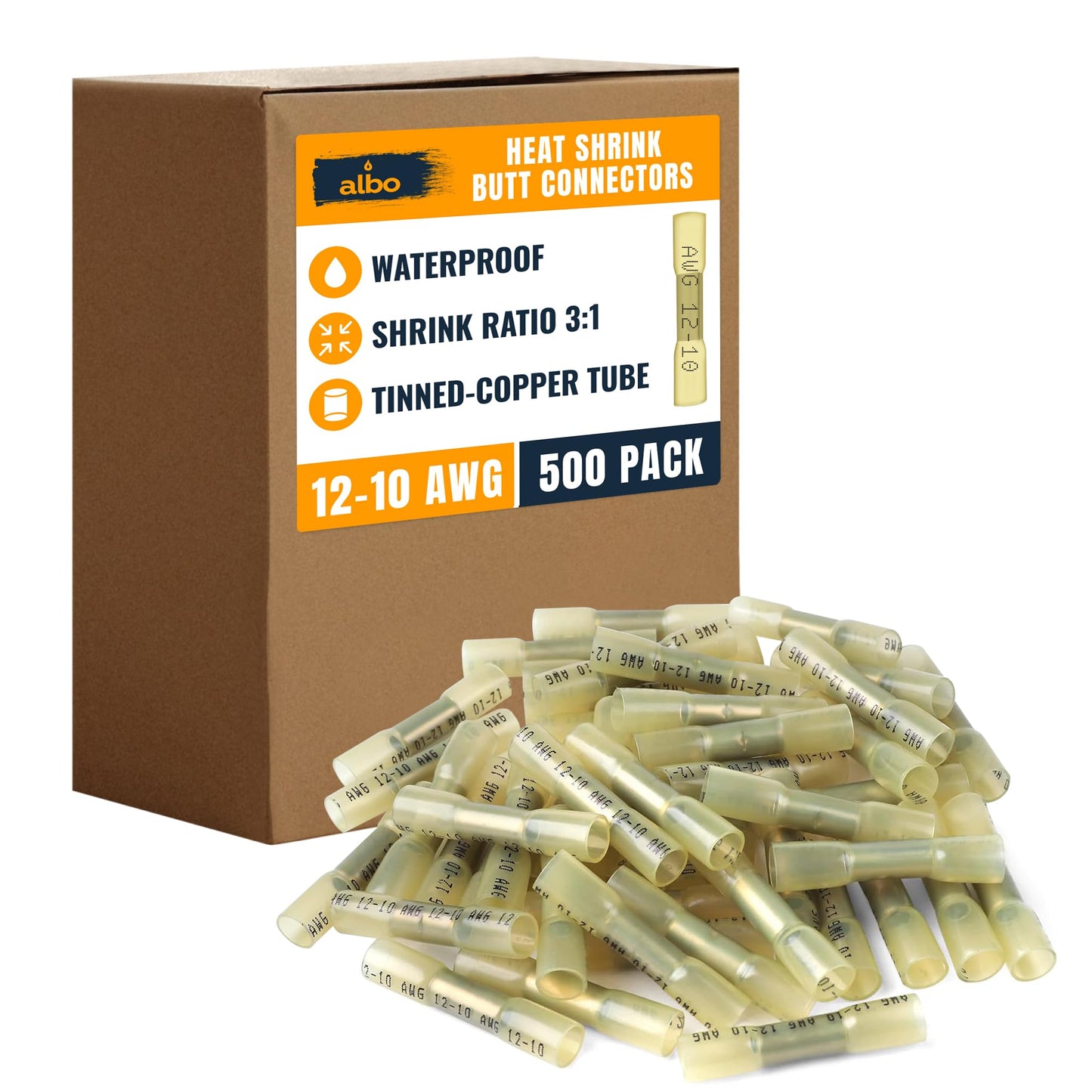 ALBO Heat Shrink Butt Connectors 12-10 AWG (500pcs) - Waterproof Solder Seal Insulated Copper Crimp Wire Splice Terminals for Automotive, Marine Wiring | 4-6mm² Gauge Connectors