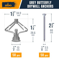 Albo Plastic Drywall Anchors with Screws, Grey 50pcs