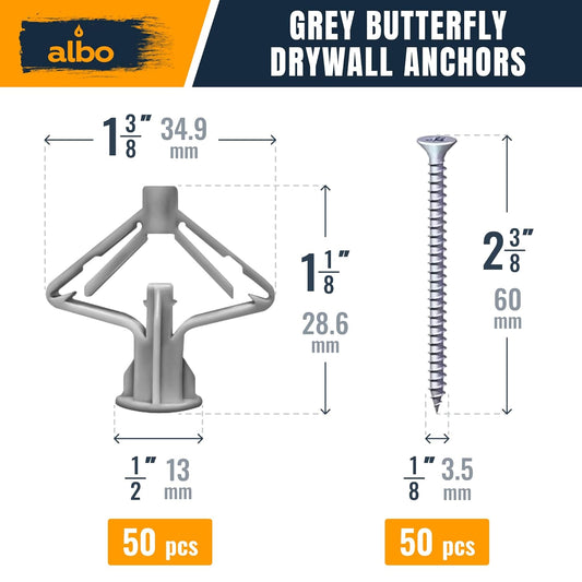 ALBO Plastic Drywall Anchors 1/2 inch Grey 100pcs