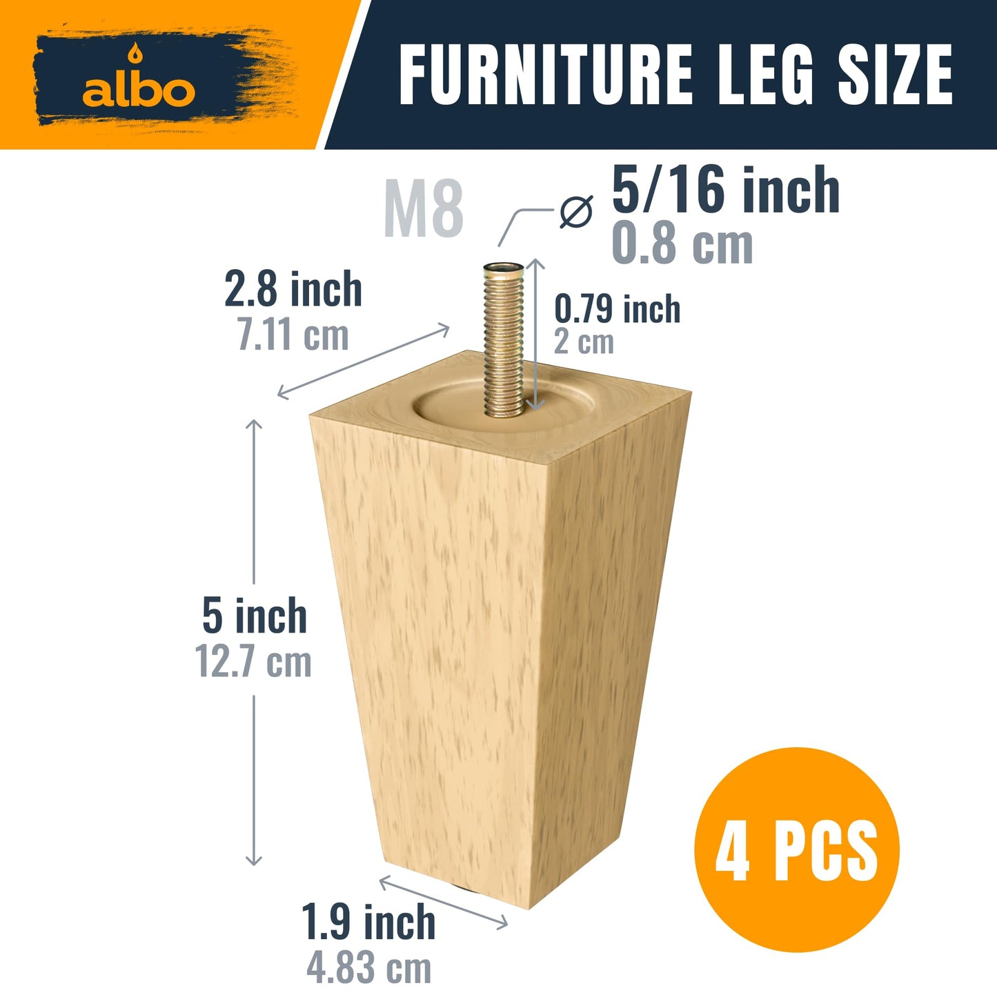 ALBO Wood Furniture Legs 5 inch, Heavy Duty Sofa Legs, Pack of 4 Square Couch Legs Covered with Clear Varnish, Sofa Replacement Parts, for Dresser Legs, Sideboard, Recliner Couch, Circle Chair