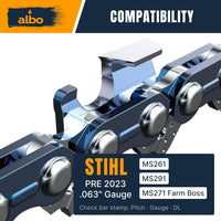 ALBO 20 Inch .325" Pitch .063" Gauge 81DL Chainsaw Chain 3 Pack