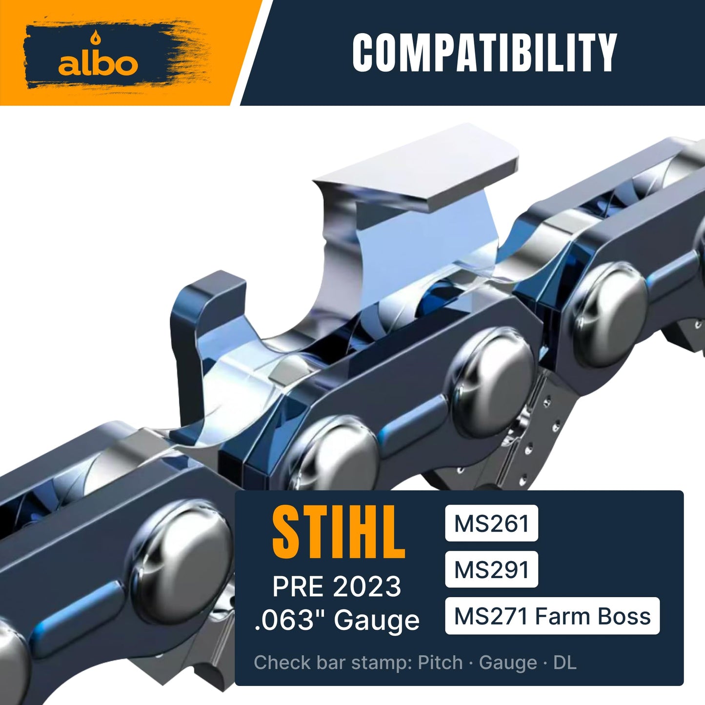ALBO 20 Inch Chainsaw Chain, .325" Pitch .063" Gauge 81DL, 3 Pack � Full Chisel Chrome-Plated Cutters, CE Certified, Fast-Cut Loop Compatible with Stihl MS261 MS271 MS291 Pre-2023 .063 Bar