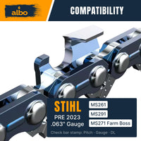 ALBO 20 Inch Chainsaw Chain, .325" Pitch .063" Gauge 81DL, 3 Pack � Full Chisel Chrome-Plated Cutters, CE Certified, Fast-Cut Loop Compatible with Stihl MS261 MS271 MS291 Pre-2023 .063 Bar