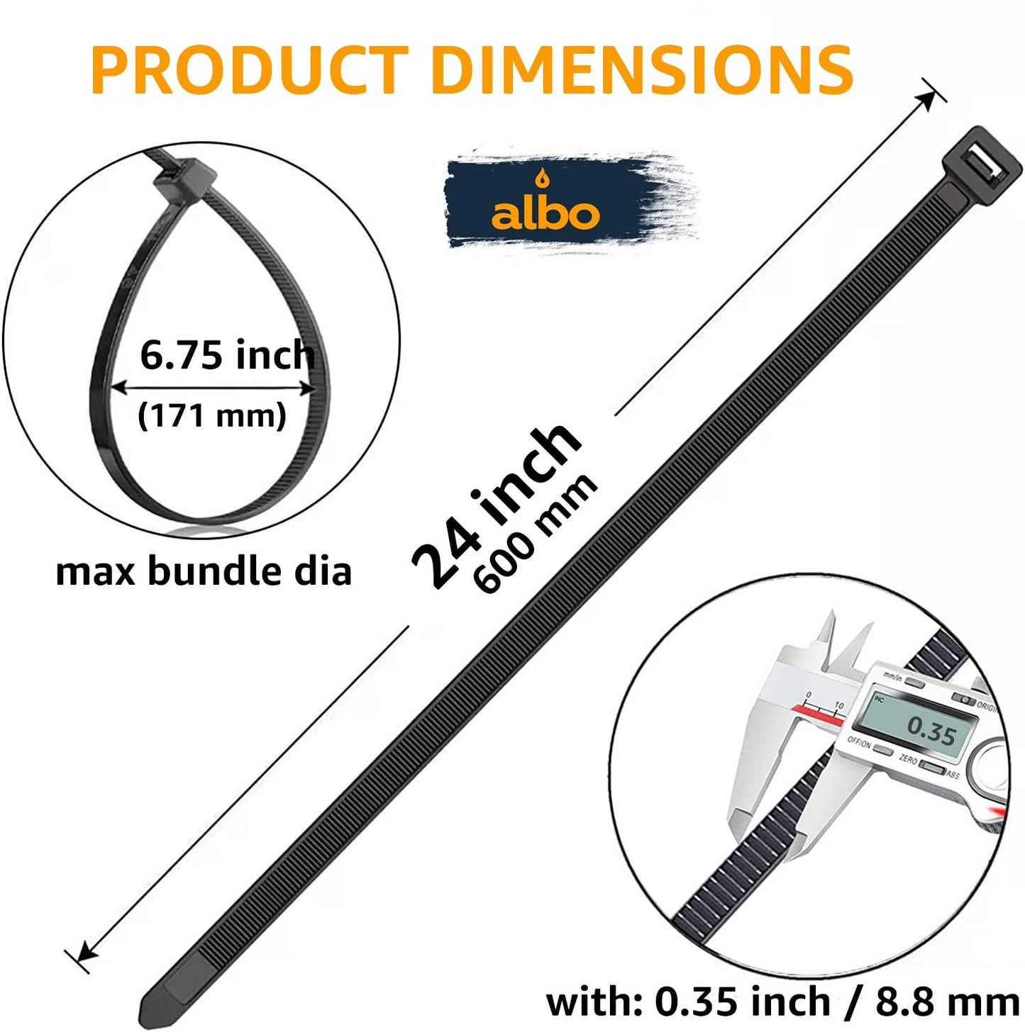 ALBO Zip Ties Black 24 Inch 100 Pack 200 lb, Long Plastic Cable Ties Thick 0,35 Inch Tie Wraps Heavy Duty UV Resistant Nylon Wire Ties for Indoor and Outdoor
