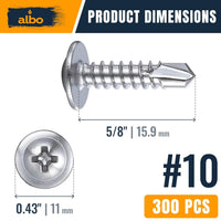 ALBO #10 x 5/8 inch Stainless Steel Self-Tapping Metal Screws 300pcs
