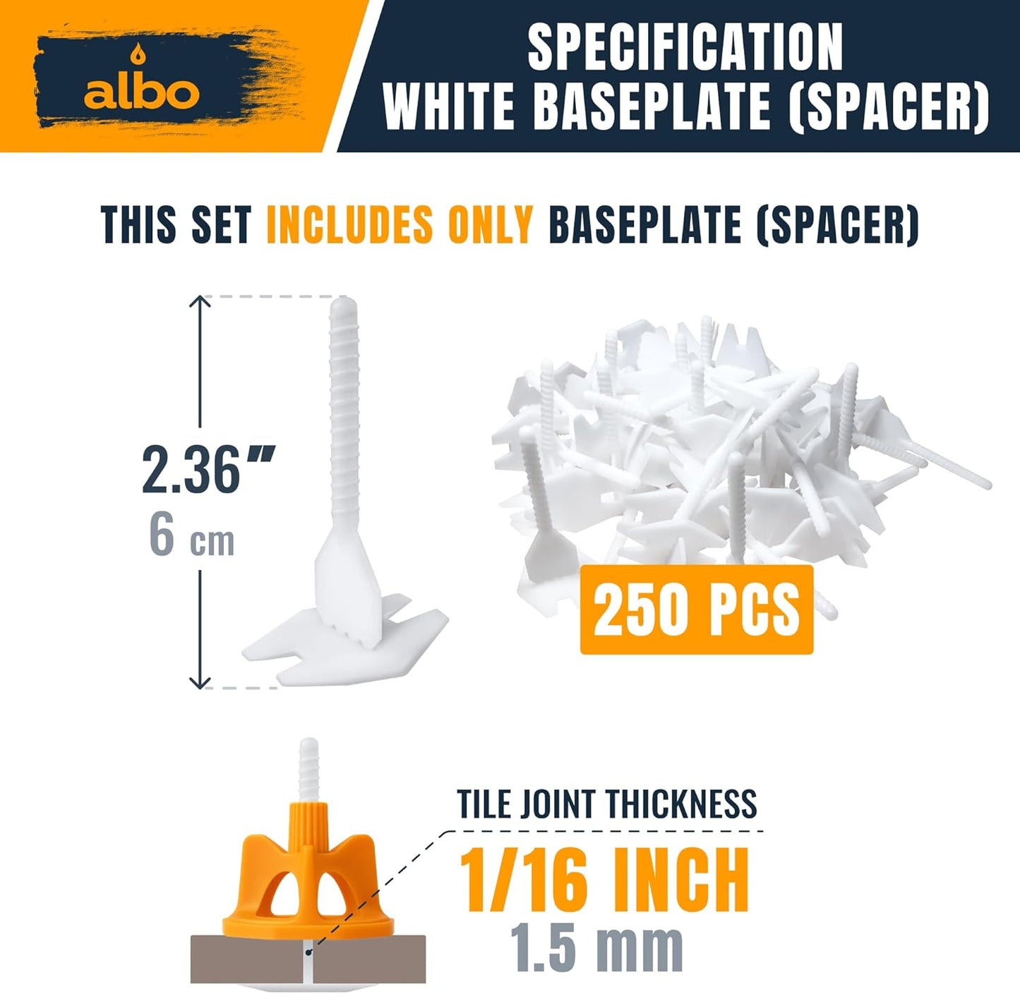 ALBO Tile Leveling System Base Plates 1/16" - 250 PCS - Professional Floor & Wall Spacers, Anti-Lippage Installation Clips for All Tile Formats, Self-Leveling Spacer System New
