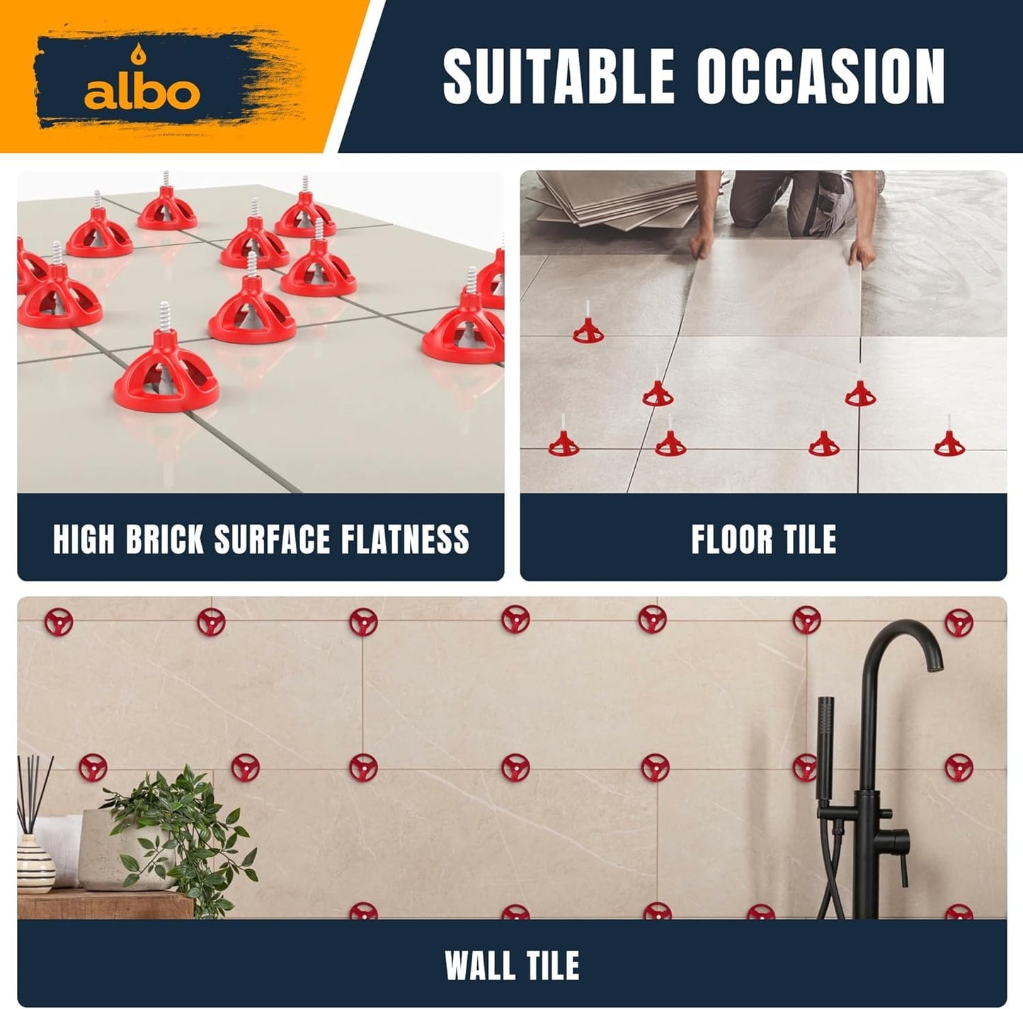 ALBO Tile Leveling System Base Plates 1/8" - 250 PCS - Professional Floor & Wall Spacers, Anti-Lippage Installation Clips for All Tile Formats, Self-Leveling Spacer System
