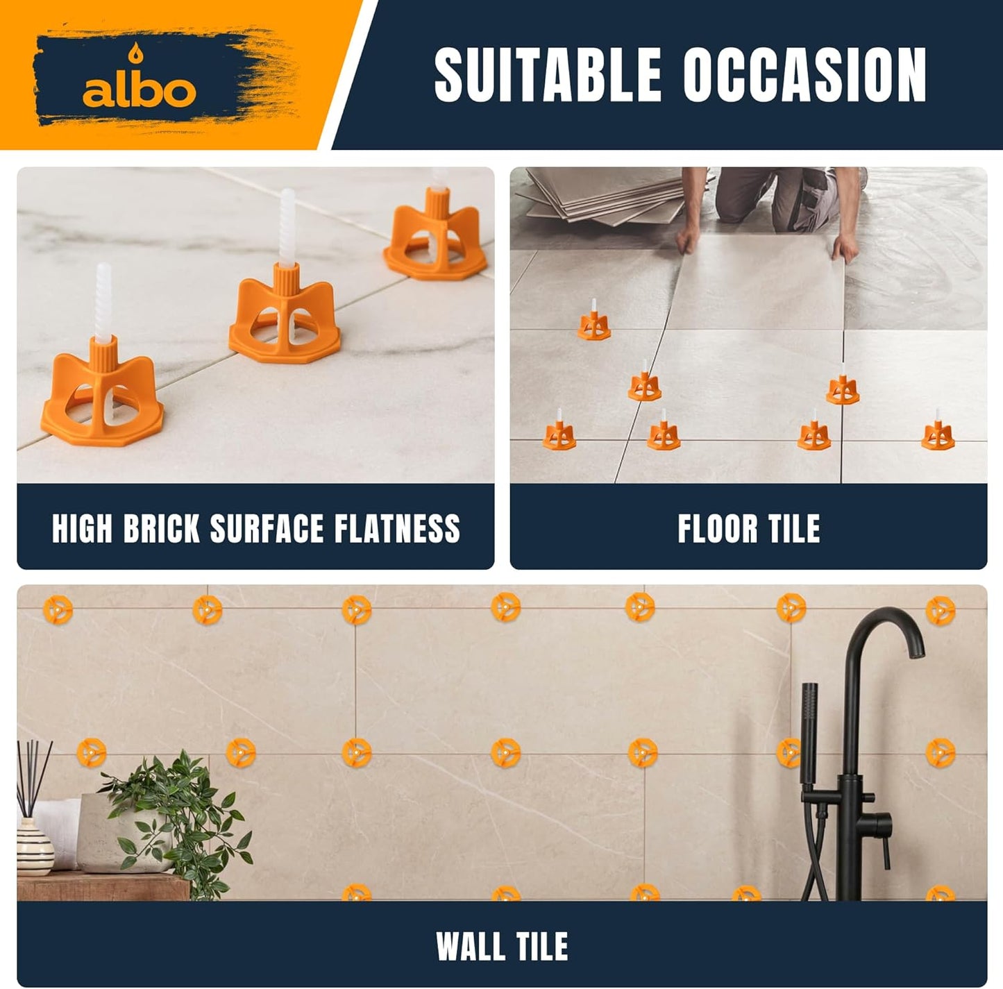 ALBO Tile Leveling System Set 1/16 inch - 200 PCS - Professional Floor & Wall Spacer Kit with Reusable Caps & Protection Plates - Anti-Lippage Installation Tools for Large and Small Tile Formats