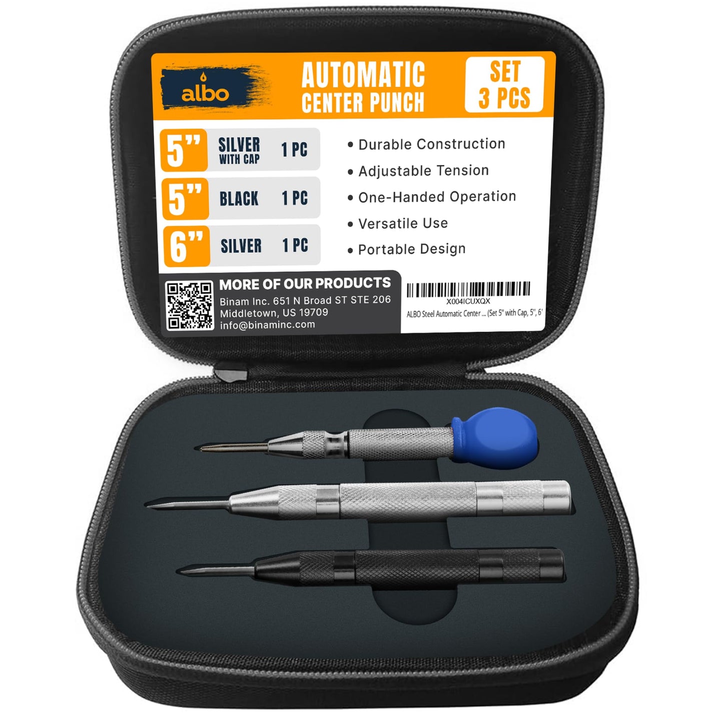 ALBO Automatic Center Punch Set – 3 Heavy Duty Spring Loaded Punch Tools for Metal, Wood, Steel – Precision Tips, Galvanized & Blackened Options, Storage Box – Ideal for DIY, Workshop & Professionals