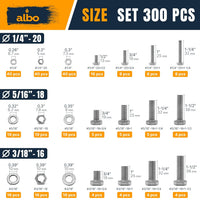 ALBO Hex Head Bolts and Nuts Stainless Steel Assortment Kit 1/4"-3/8", 1/2"-1-1/2" Lengths, 300pcs