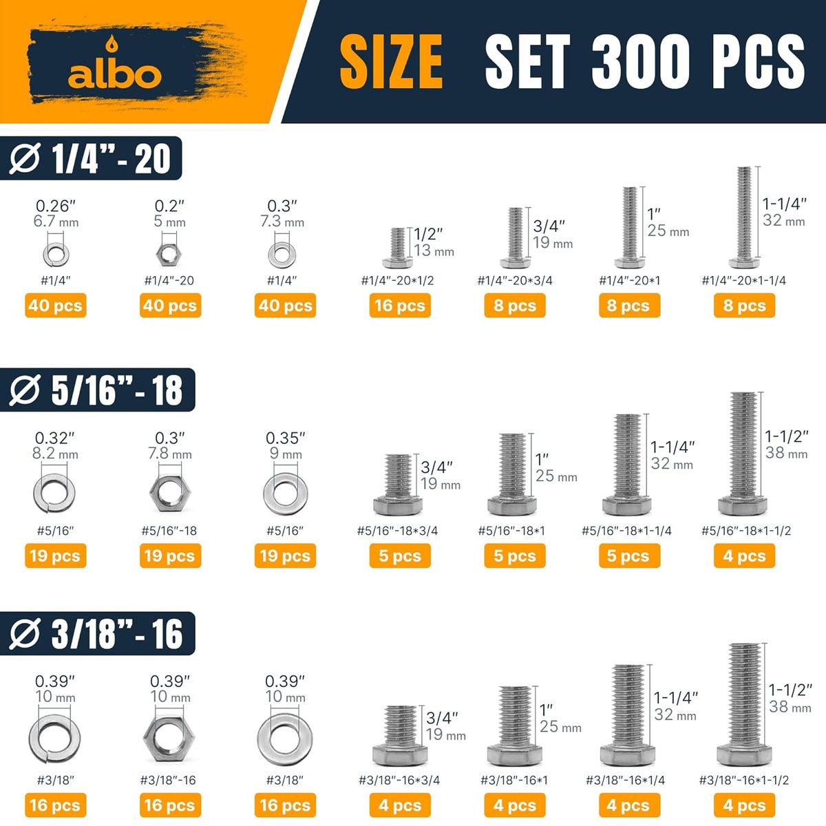 ALBO Hex Head Bolts and Nuts Grade 5 Zinc Plated 1/4"-3/8", 1/2"-1-1/2" Lengths, 300pcs
