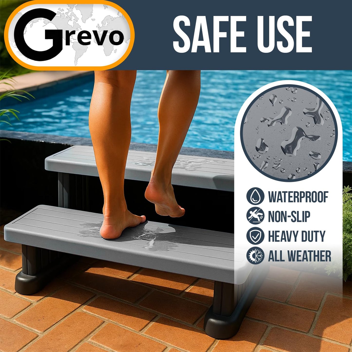GREVO Outdoor Steps for Hot Tub Wide 31", Gray/Fits Round and Straight Pools, Non-Slip Steps, Quick Assemble