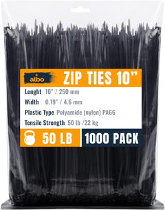 ALBO Zip Ties Black 10 Inch 50lb 1000 Pack