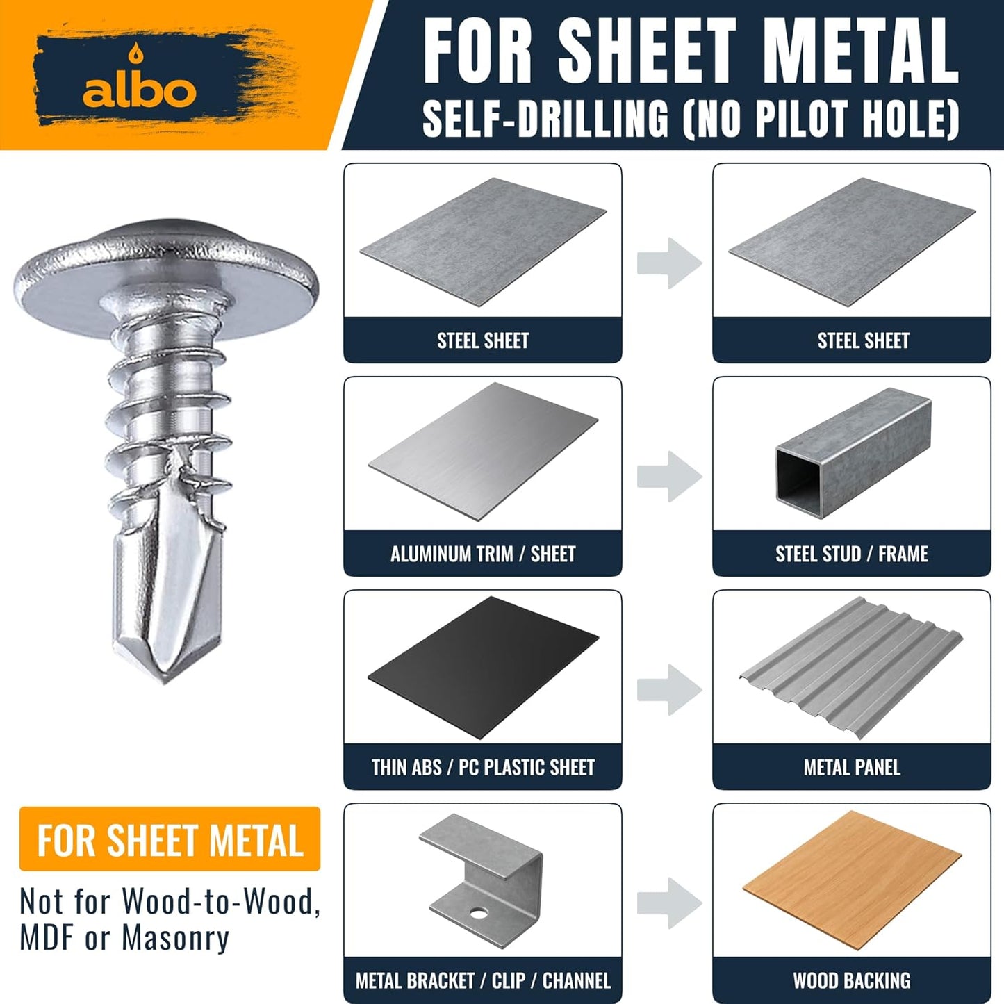ALBO Stainless Steel Self-Tapping Metal Screws 500pcs