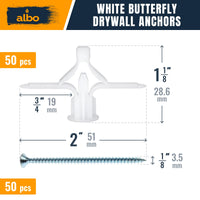 ALBO Drywall Anchor Kit Hollow Wall with Screws 100 pcs. (White Anchor 50pcs + Screws 50pcs) Plastic Hollow Wall Drilling Anchors