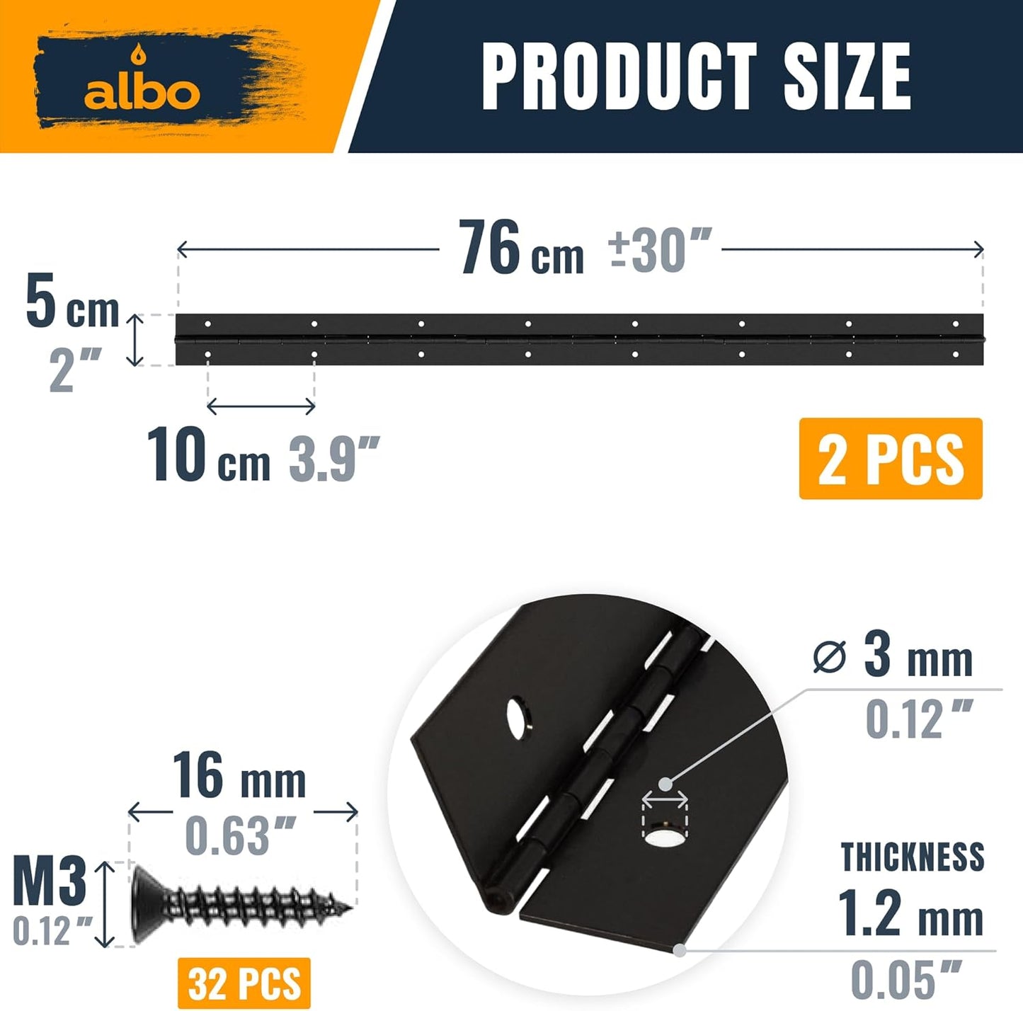 ALBO 30 Inch Black Heavy Duty Stainless Steel Piano Hinge 2-Pack