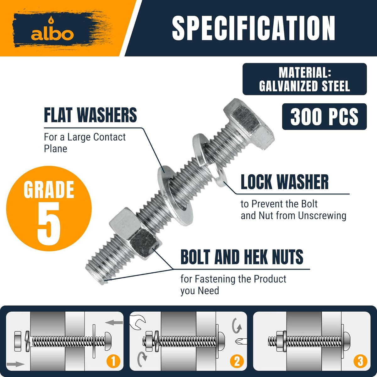 ALBO Hex Head Bolts and Nuts Grade 5 Zinc Plated 1/4"-3/8", 1/2"-1-1/2" Lengths, 300pcs