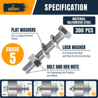 ALBO Hex Head Bolts and Nuts Grade 5 Zinc Plated 1/4"-3/8", 1/2"-1-1/2" Lengths, 300pcs