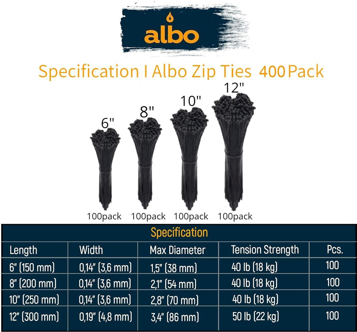 ALBO Black Zip Ties Assorted Sizes 400 Pack Plastic Cable Ties 6+8+10+12 inch Wire Tie UV Resistant Nylon Tie Wraps Assorted Sizes